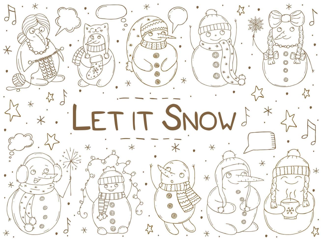 Set of cute snowmen on a white background. Vector illustration in doodle style. Winter mood. Hello 2023. Merry Christmas and Happy New Year.