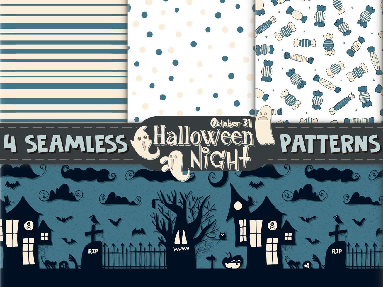 4 seamless patterns. Halloween - October 31. Hand-drawn doodle illustration. Trick or treat. Happy Halloween 2022. vector