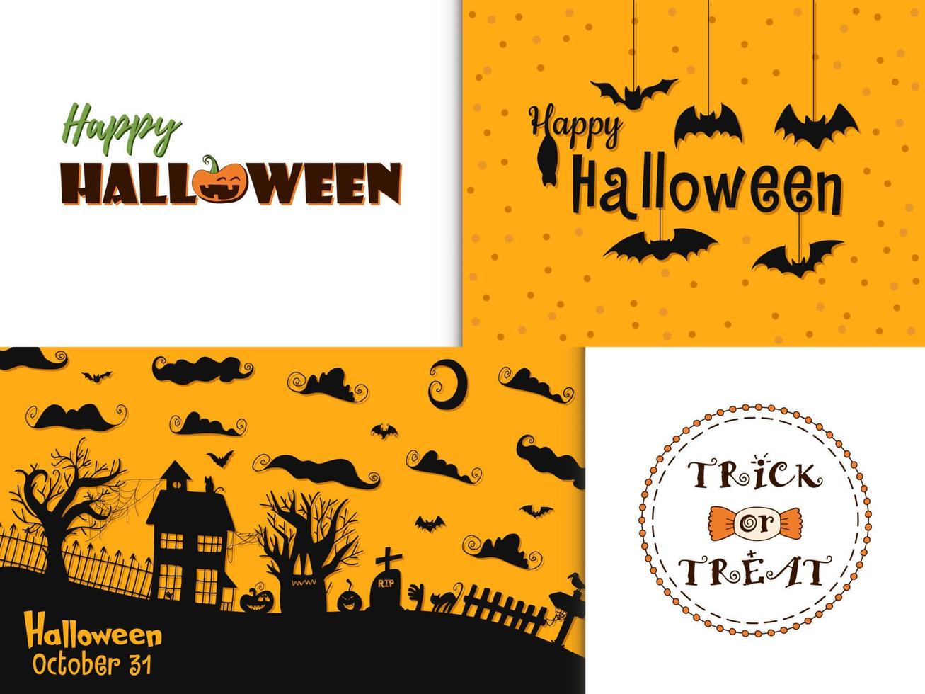 conjunto de 4 ilustraciones. halloween - 31 de octubre. ilustración de garabatos dibujados a mano. truco o trato. feliz halloween 2022. vector