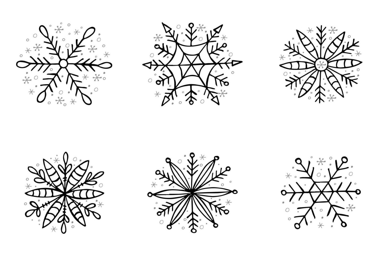 un conjunto de copos de nieve dibujados a mano. ilustración vectorial en estilo garabato. estado de ánimo de invierno. hola 2023. feliz navidad y próspero año nuevo. elementos negros y grises sobre un fondo blanco. vector