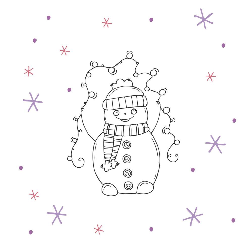 Cute snowman with purple and pink snowflakes on a white background. Vector illustration in doodle style. Winter mood. Hello 2023. Merry Christmas and Happy New Year.