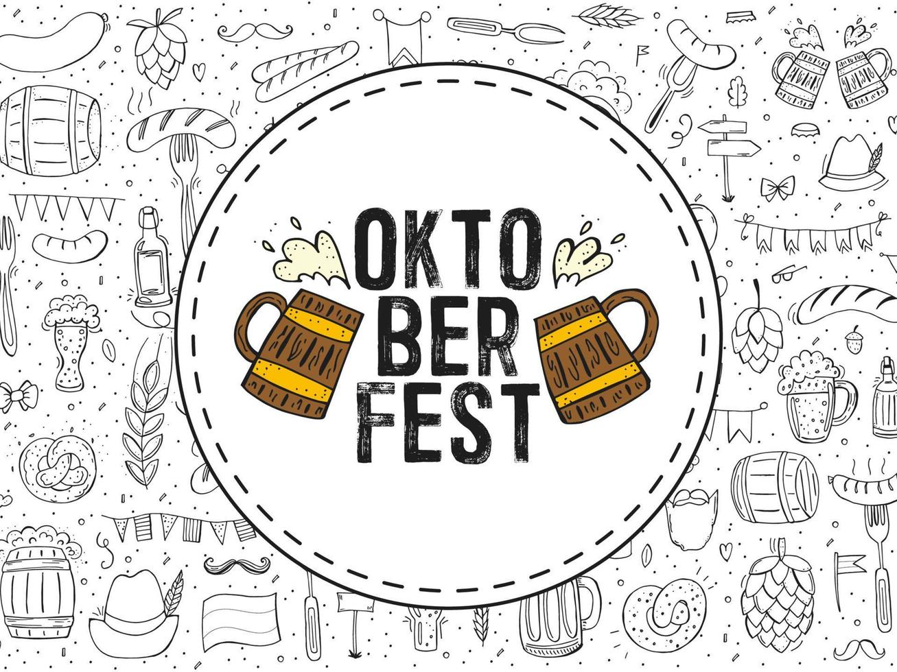 Oktoberfest 2022 - Beer Festival. Hand-drawn Doodle elements. German Traditional holiday. Round emblem with beer mugs and text with a pattern of outline elements. vector