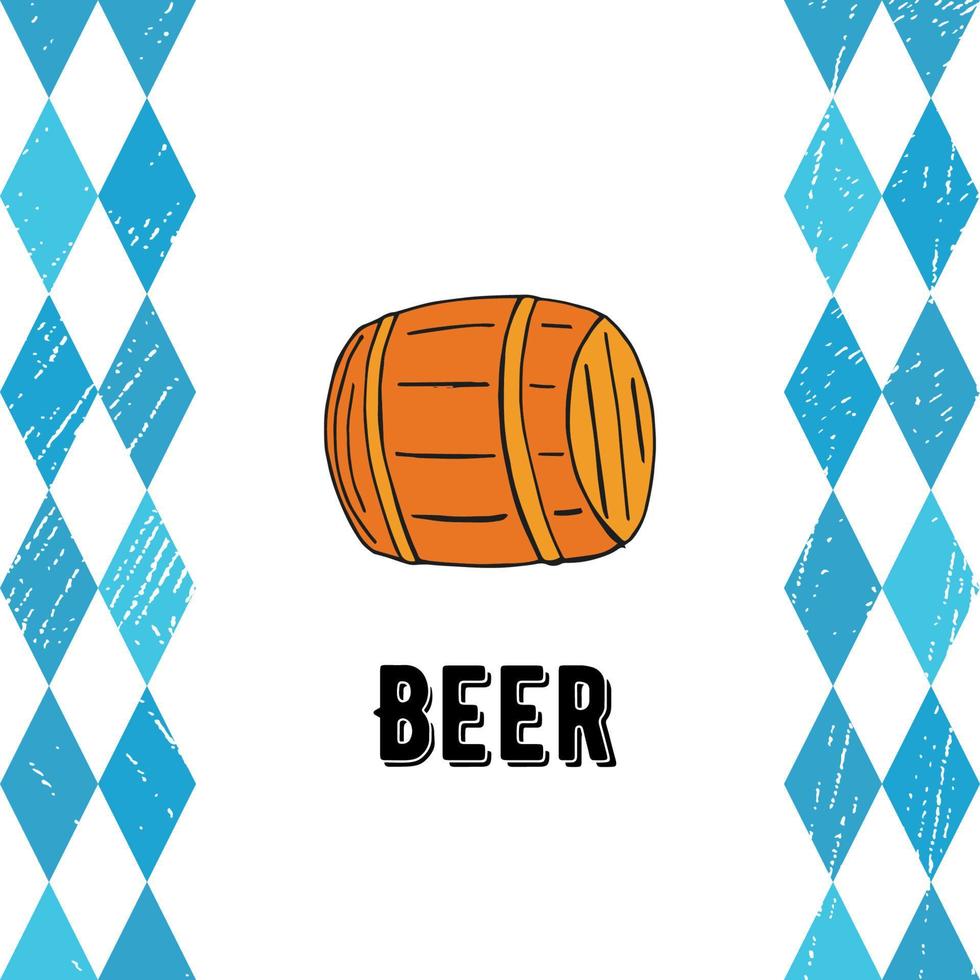 oktoberfest 2022 - fiesta de la cerveza. elementos de fideos dibujados a mano. fiesta tradicional alemana. barril de cerveza de color sobre un fondo blanco con rombos azules y letras. vector