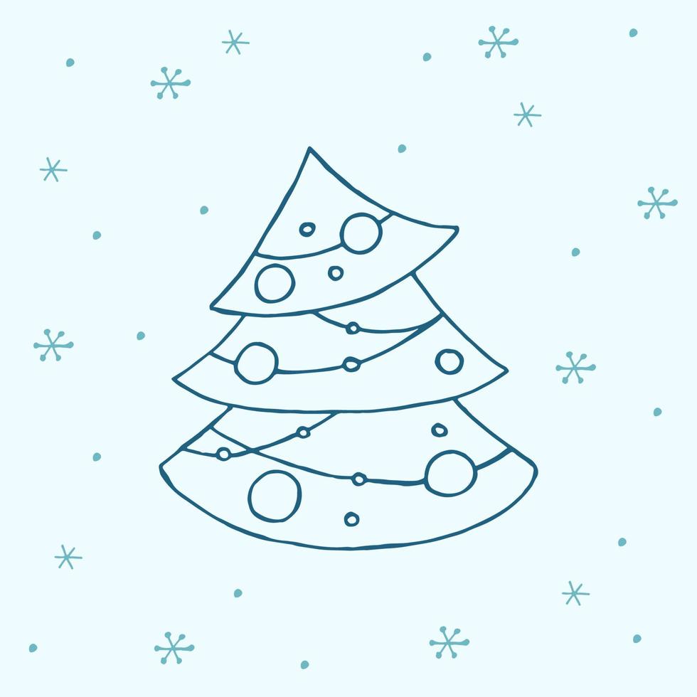 un árbol de navidad dibujado a mano. ilustración vectorial en estilo garabato. estado de ánimo de invierno. hola 2023. feliz navidad y próspero año nuevo. elemento azul oscuro con copos de nieve sobre un fondo azul. vector