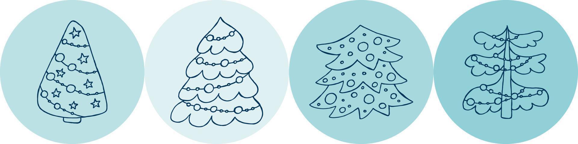 A set of hand-drawn christmas trees. Vector illustration in doodle style. Winter mood. Hello 2023. Merry Christmas and Happy New Year. Blue elements on a blue background.