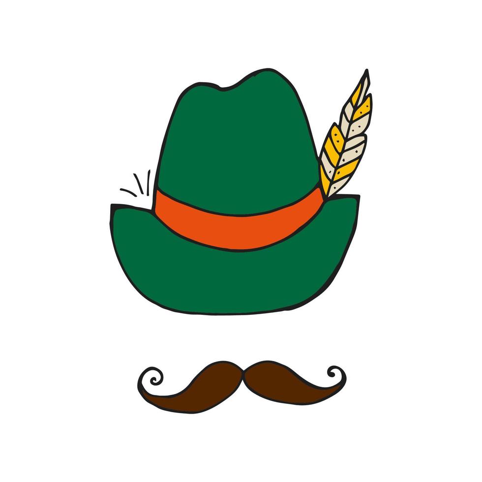 Oktoberfest 2022 - Beer Festival. Hand-drawn Doodle green hat with a feather and brown moustache on a white background. German Traditional holiday. vector