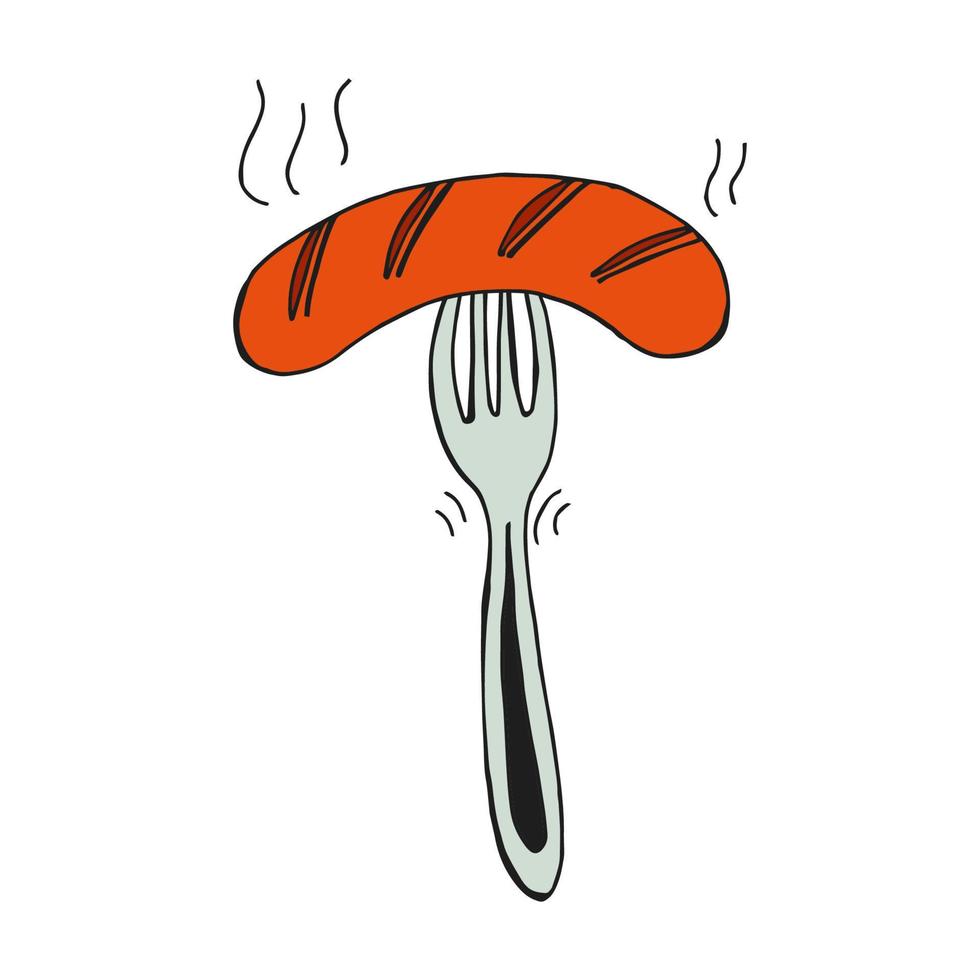 Oktoberfest 2022 - Beer Festival. Hand-drawn Doodle bavarian sausage on a fork on a white background. German Traditional holiday. vector