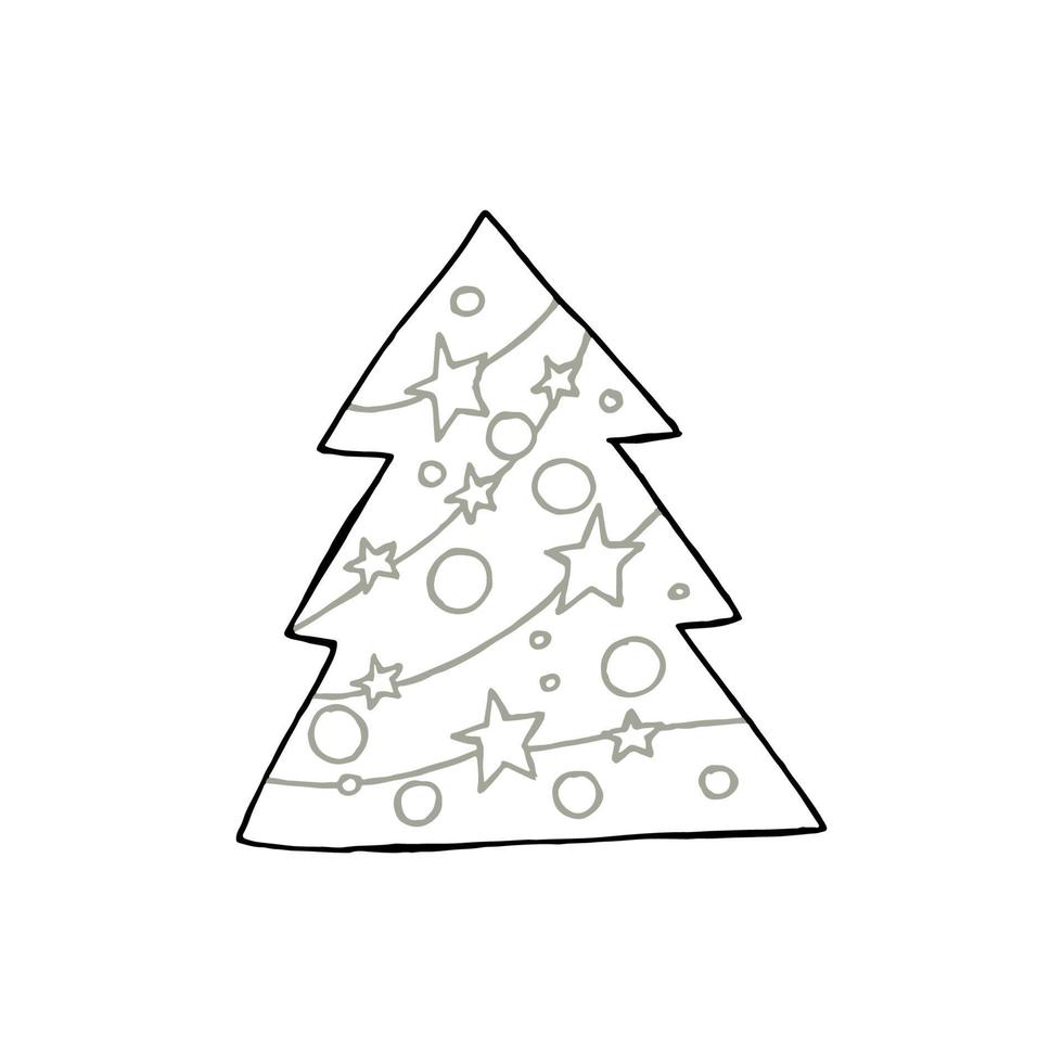 A hand-drawn christmas tree. Vector illustration in doodle style. Winter mood. Hello 2023. Merry Christmas and Happy New Year. Black and gray element on a white background.