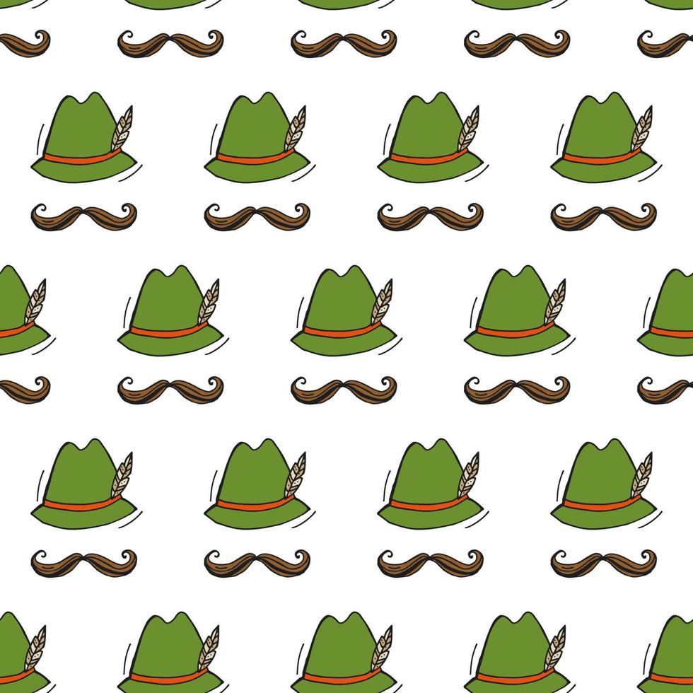 Oktoberfest 2022 - Beer Festival. Hand-drawn Doodle elements. Seamless Pattern. German Traditional holiday. Colored hats with a feather and mustache on a white background. vector