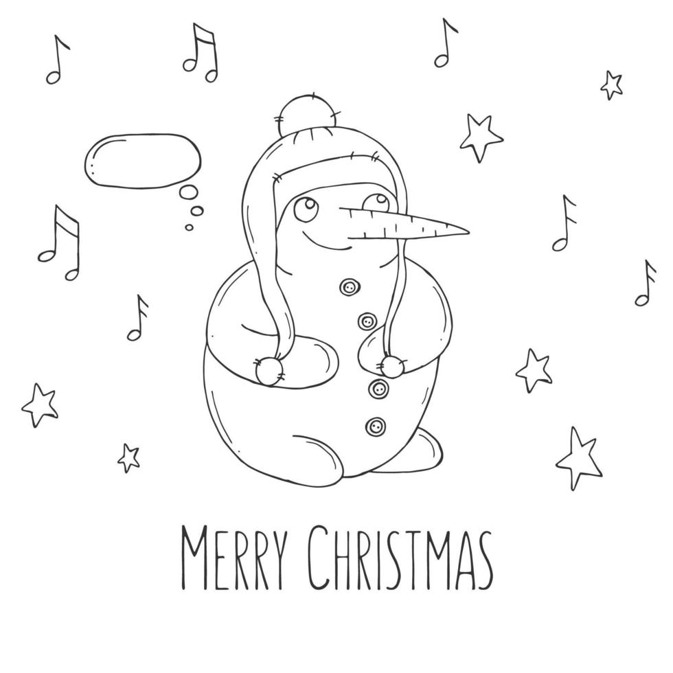 Cute snowman with stars and notes on a white background. Vector illustration in doodle style. Winter mood. Hello 2023. Merry Christmas and Happy New Year.
