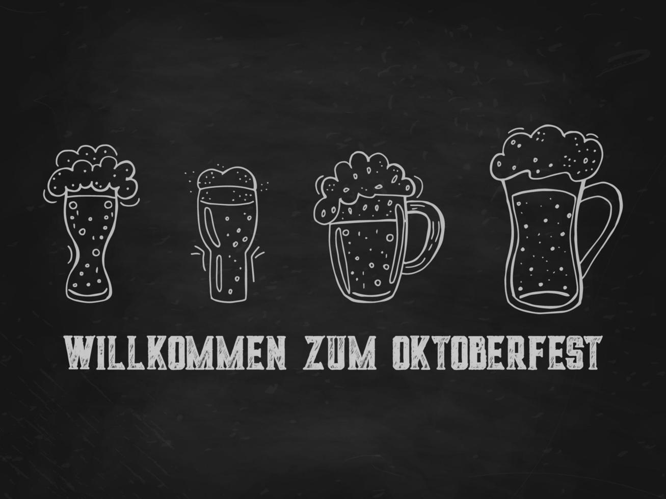 Oktoberfest 2022 - Beer Festival. Hand-drawn set of Doodle Elements. German Traditional holiday. Glass beer mugs with lettering on a black chalk board. vector