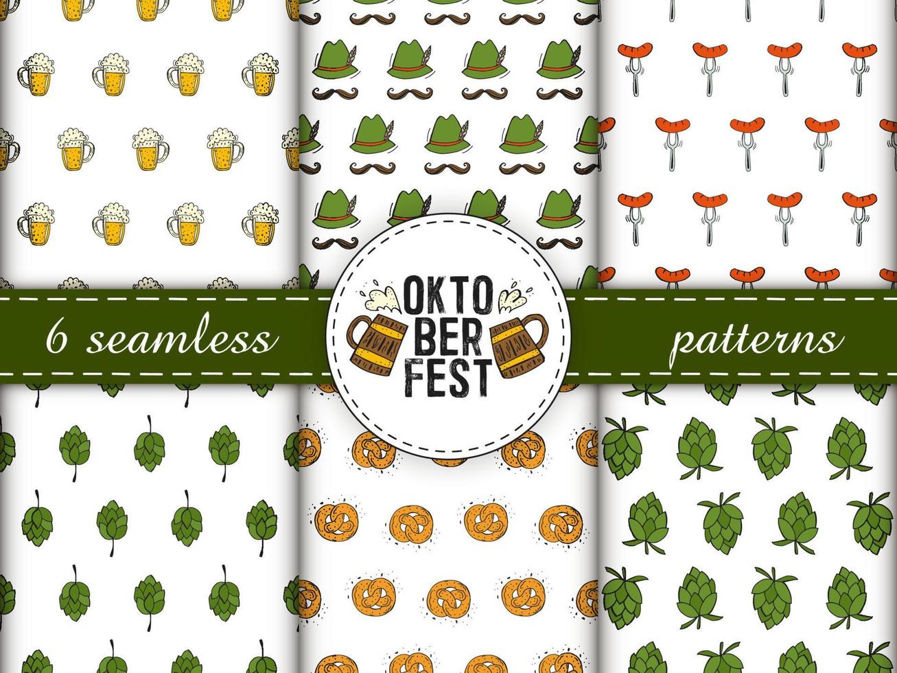 Set of seamless patterns. Oktoberfest 2022 - Beer Festival. Hand-drawn Doodle elements. German Traditional holiday. Color patterns with a round logo, beer mugs and text. vector