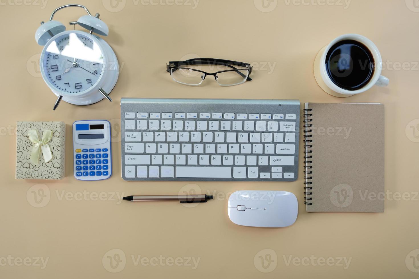 Office desk flat lay background with computer laptop and office equipment for work area copy space and education school concepts. photo