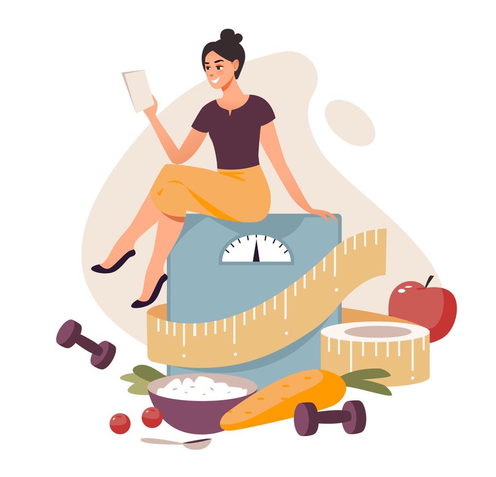 Nutritionist concept. Weight loss program. A girl is sitting on a scale with a measuring tape.Flat vector illustration