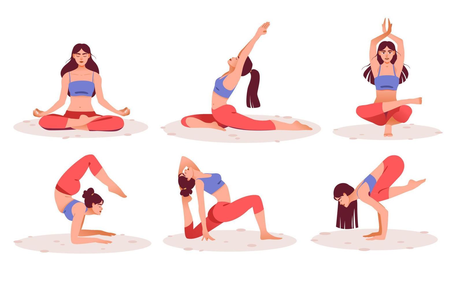 Women practice yoga and meditation. Practice meditation. The concept of Zen and harmony. Mental health. A girl in different yoga poses. Vector illustration