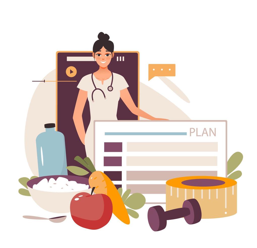 Nutritionist concept. Diet plan with healthy food and physical activity. Flat vector illustration