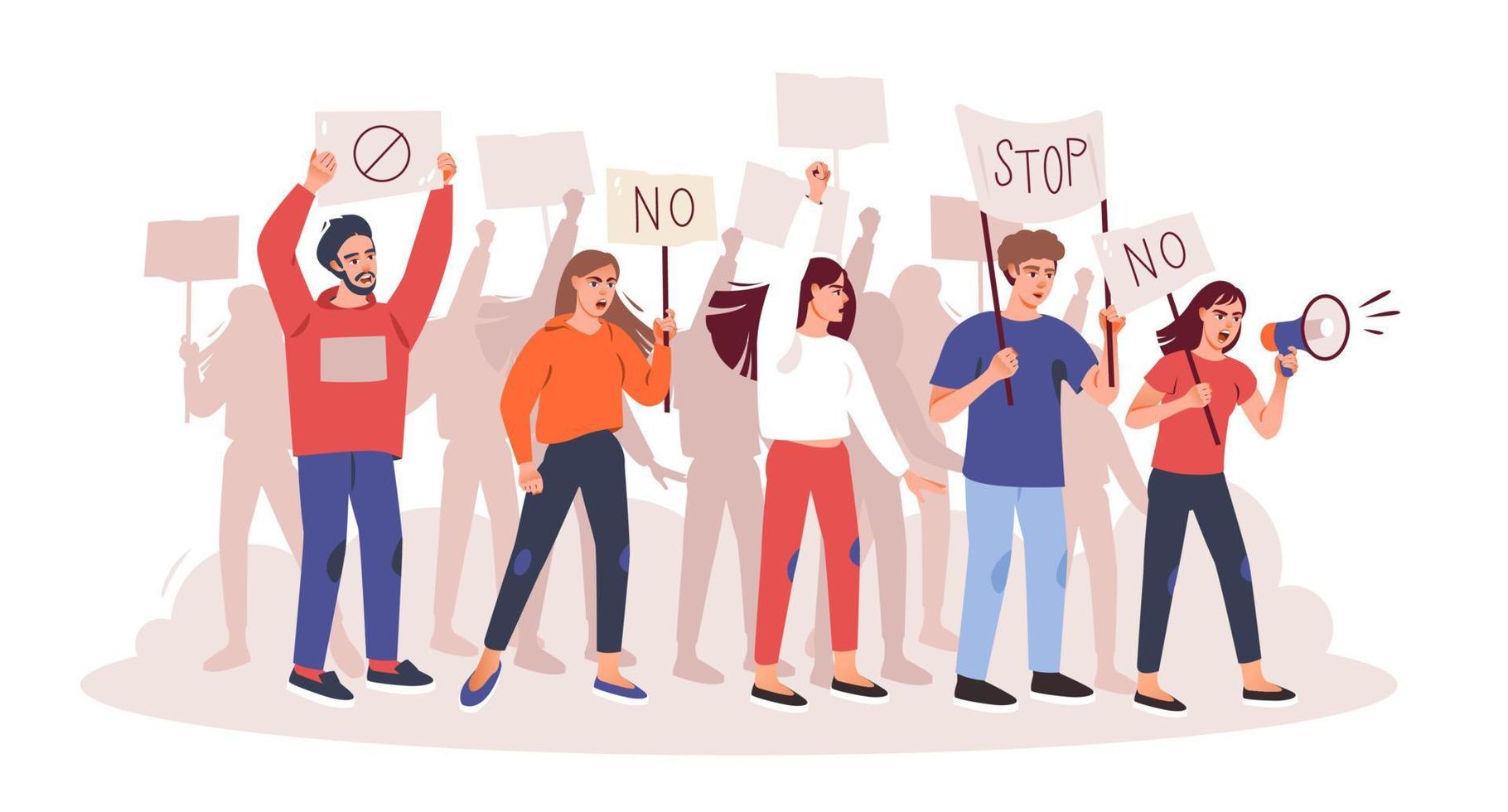 Protesting people at a rally, parade or political meeting. A crowd of angry people with placards and a megaphone is protesting. Protest. Flat vector illustration.