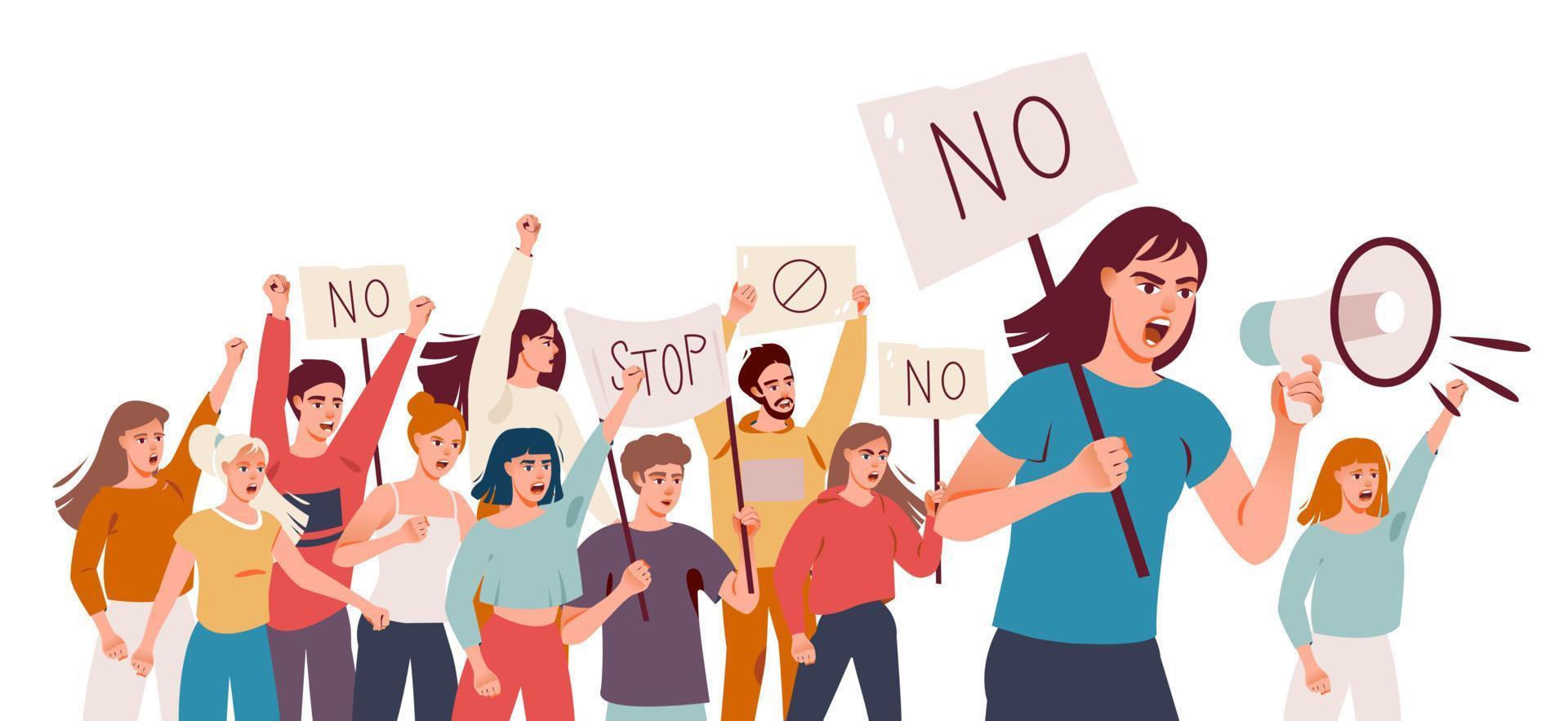 Protesting people at a rally, parade or political meeting. A crowd of angry people with placards and a megaphone is protesting. Protest. Flat vector illustration.