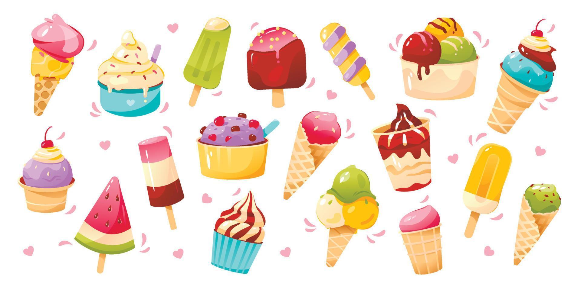 Ice cream is a large set. Vector icons of different types of ice cream. Bright summer poster with sweet food. A collection of scrapbooking elements for a summer party.