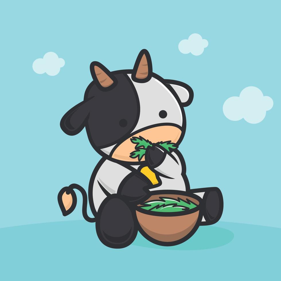 Illustration of a cute cow eating a bowl of grass vector