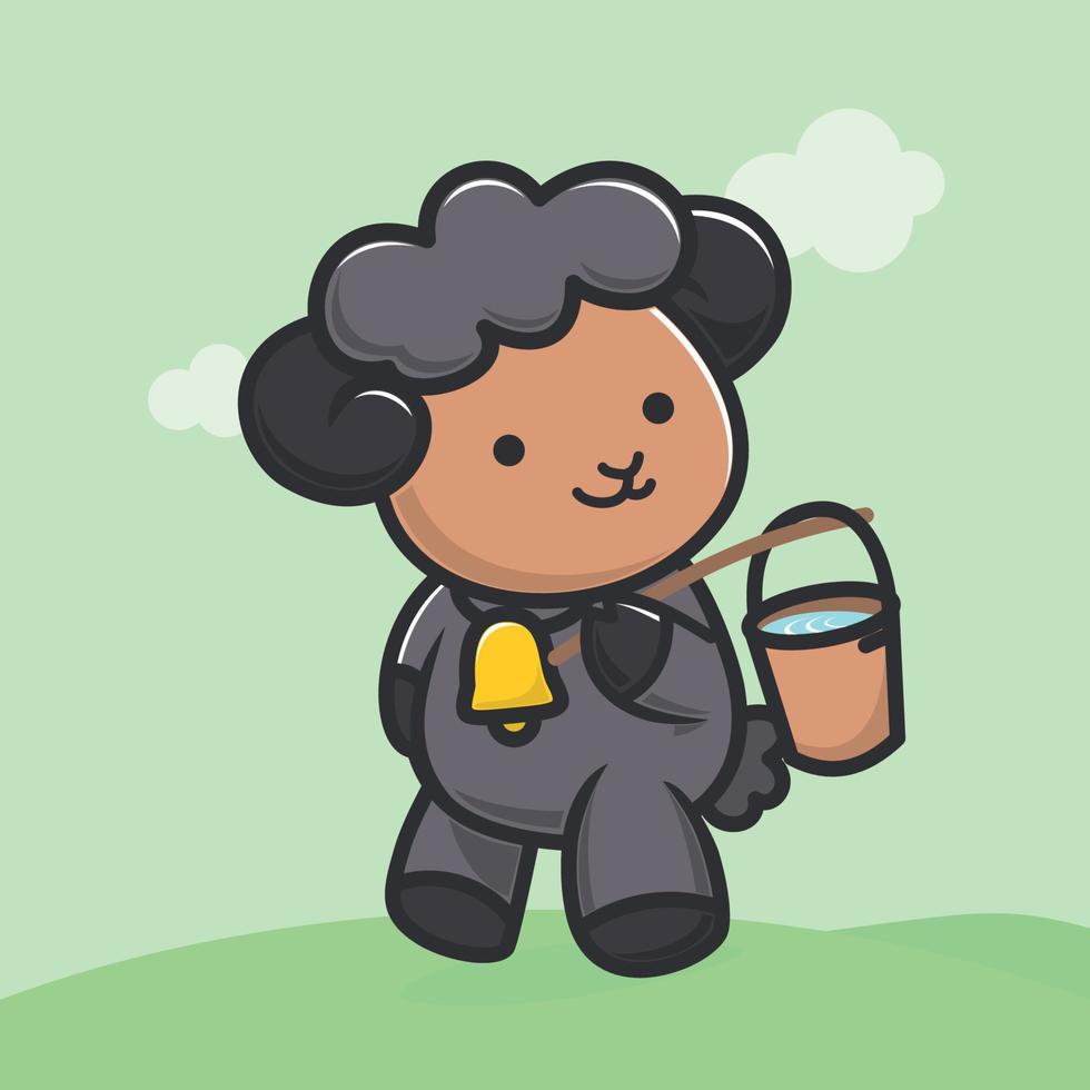 Illustration of a cute black sheep picking up a bucket of water vector