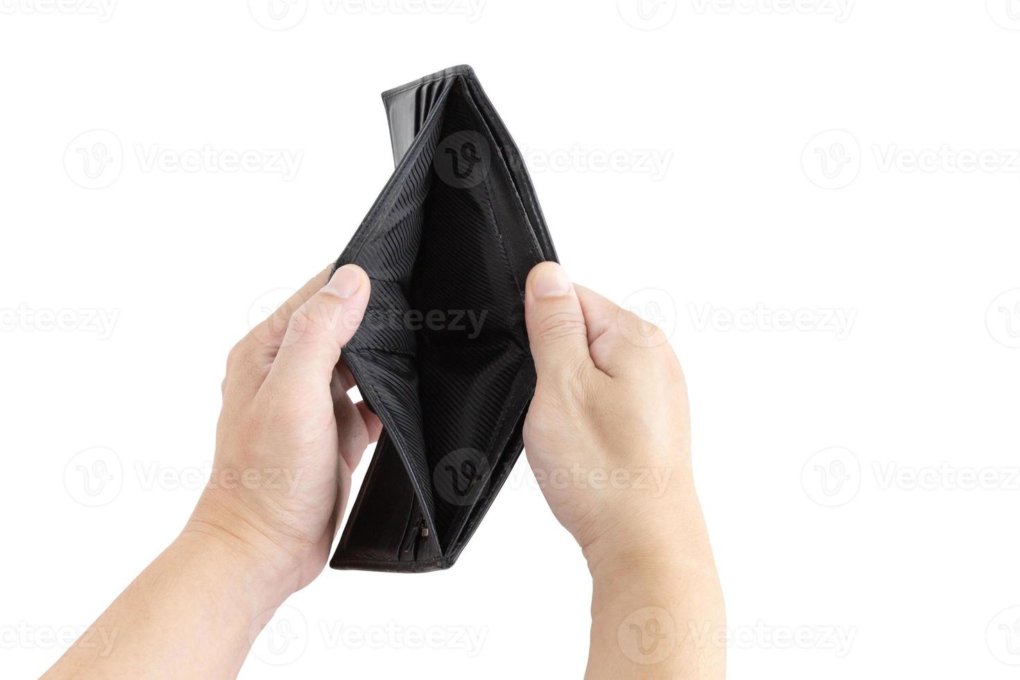 Hand of an Asian man with an open wallet blank on isolated or cutout white background with a clipping path. Concept of economic crisis or no money. photo