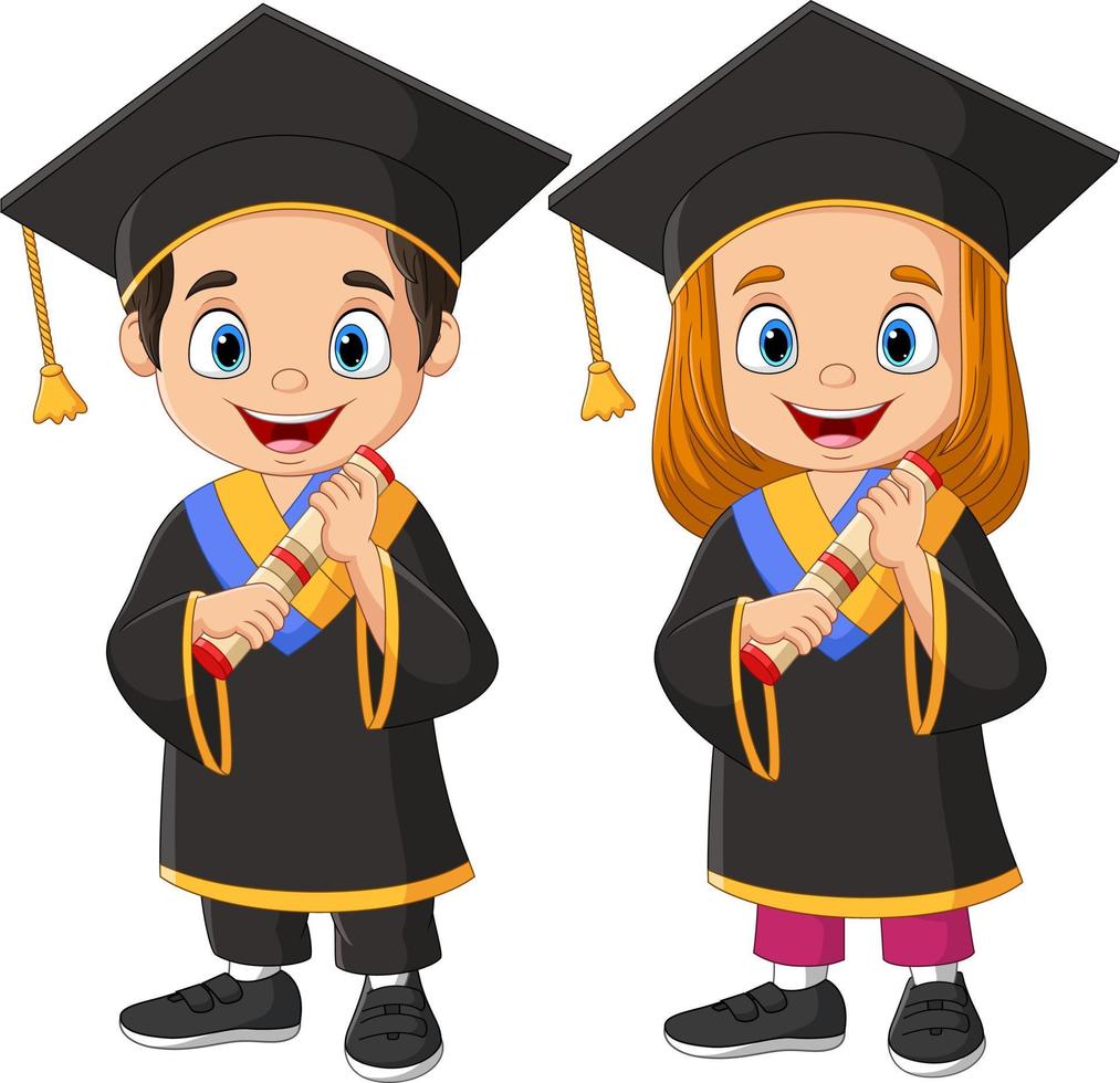 niños de graduación de dibujos animados con un diploma vector