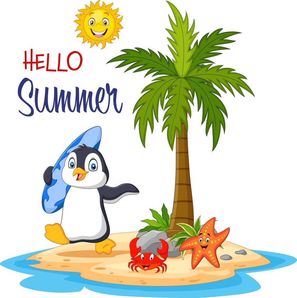 Cartoon penguin holding a surfboard in the tropical island vector