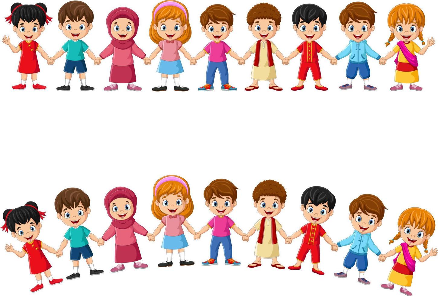 Cartoon group of multiethnic children holding hands vector