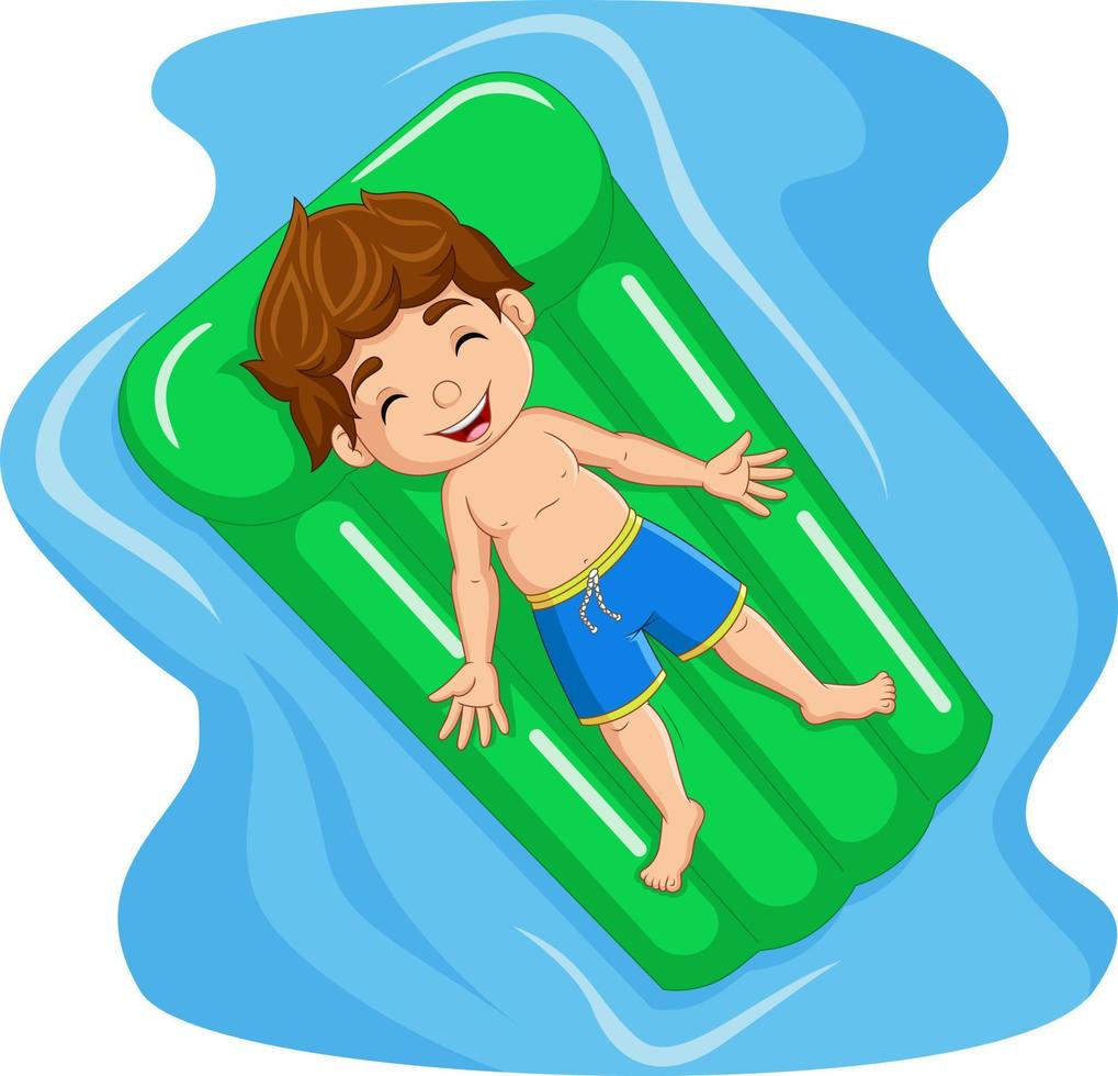 Cartoon little boy floats on inflatable mattress vector