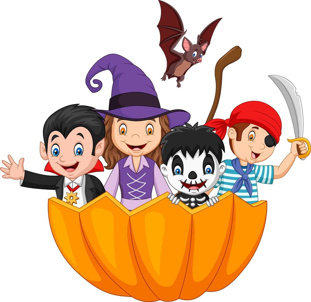 Cartoon kids with Halloween costume inside pumpkin basket vector