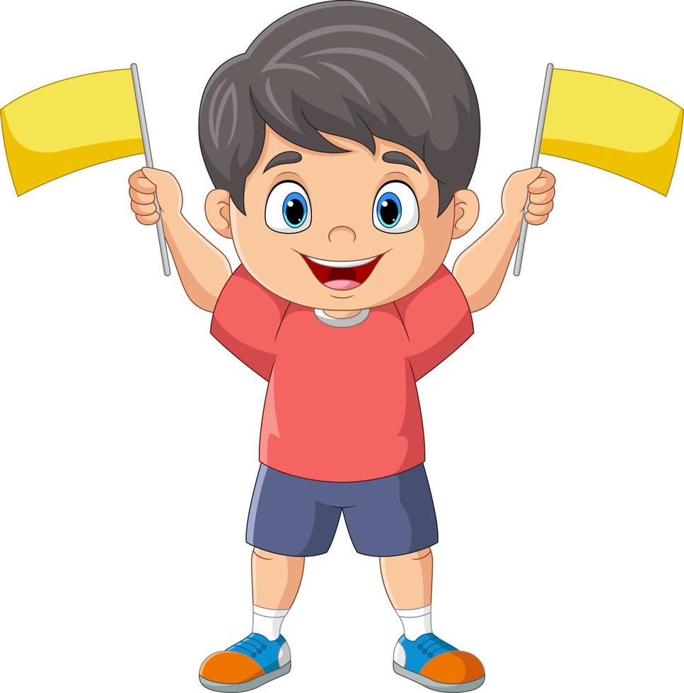 Cartoon boy holding yellow blank flags vector