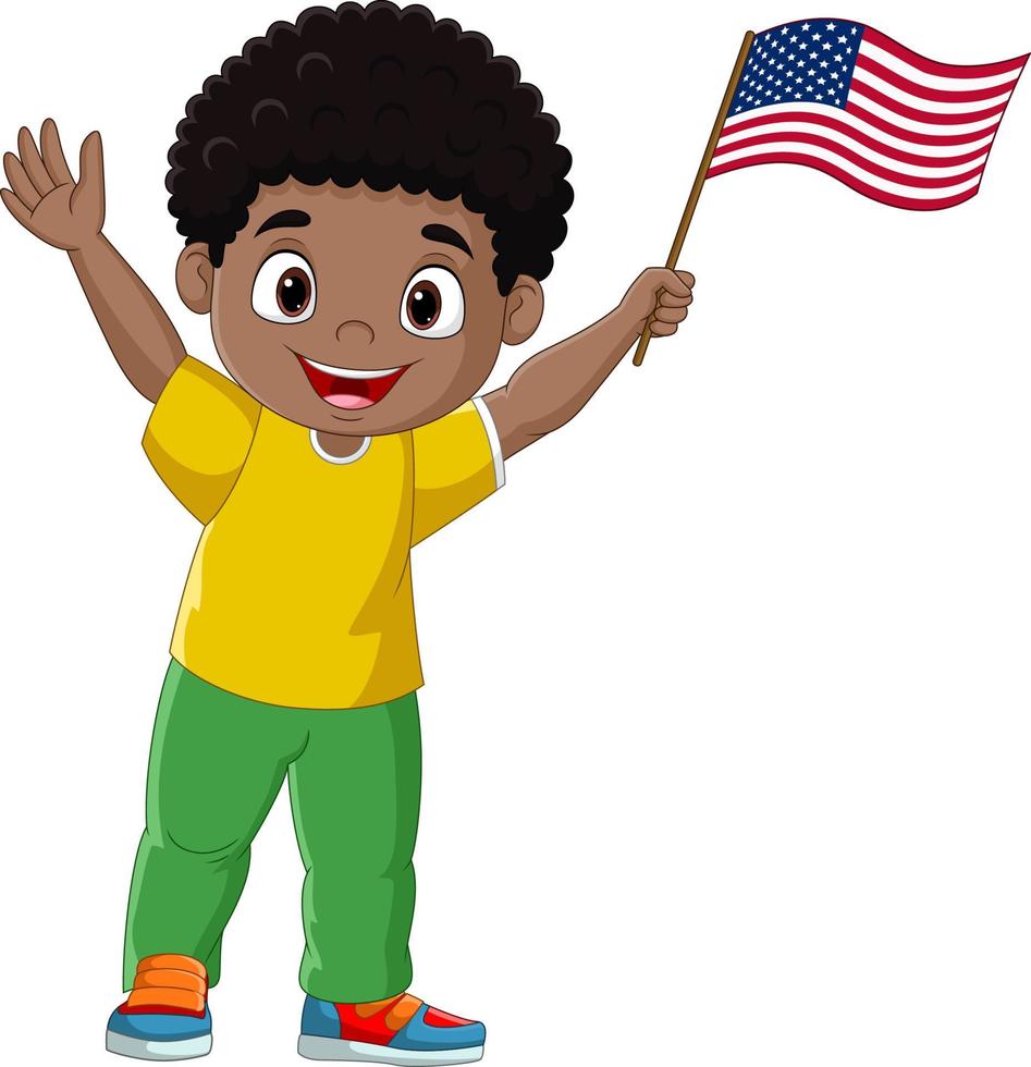 lindo chico negro sosteniendo una bandera de estados unidos vector