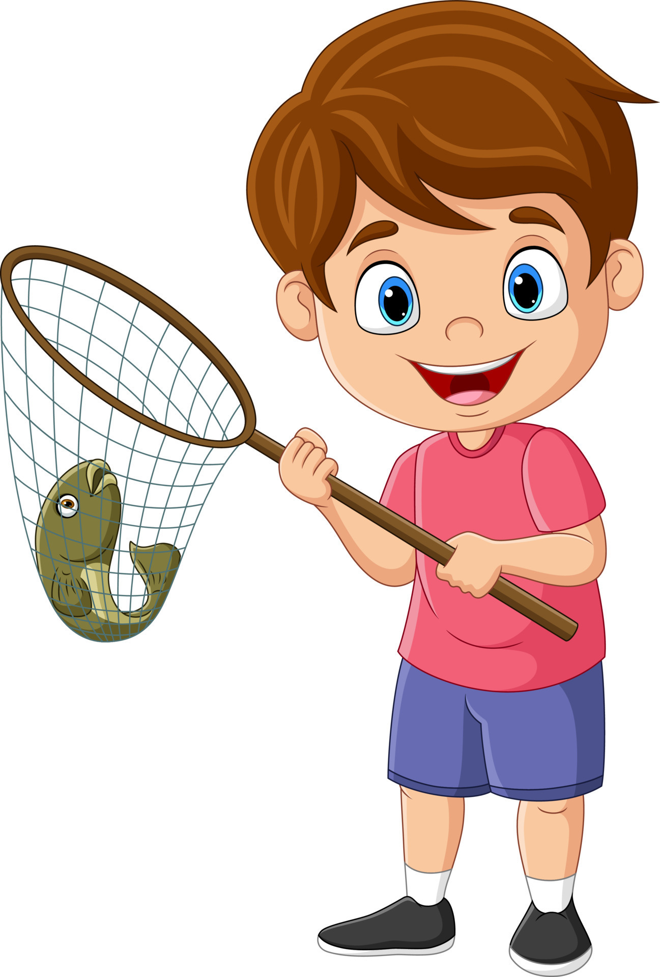 Cartoon little boy catching fish with net 8916552 Vector Art at Vecteezy