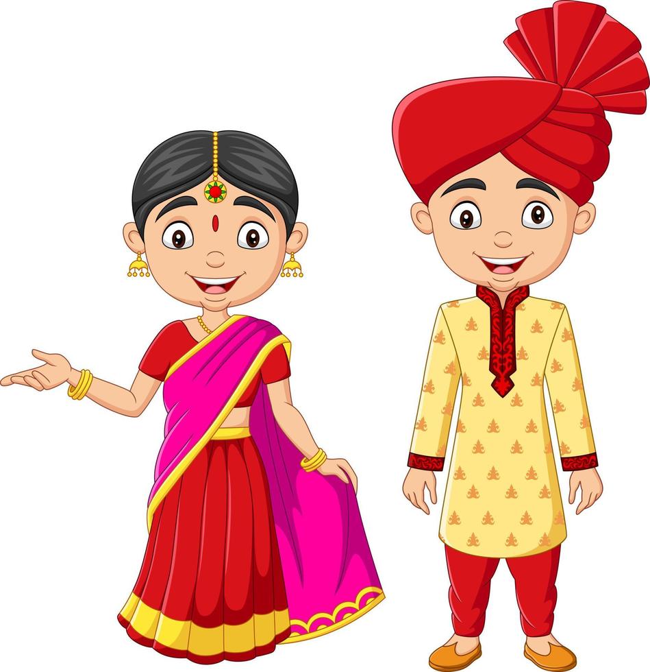 Cartoon Indians man and woman in traditional costume vector