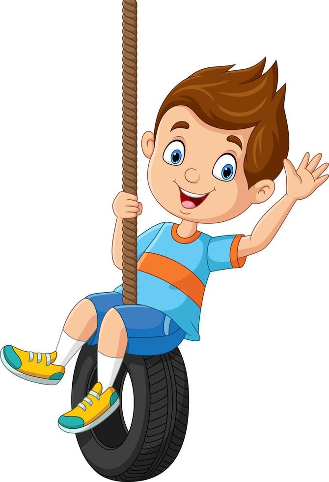 Cartoon little boy playing a tire swing vector