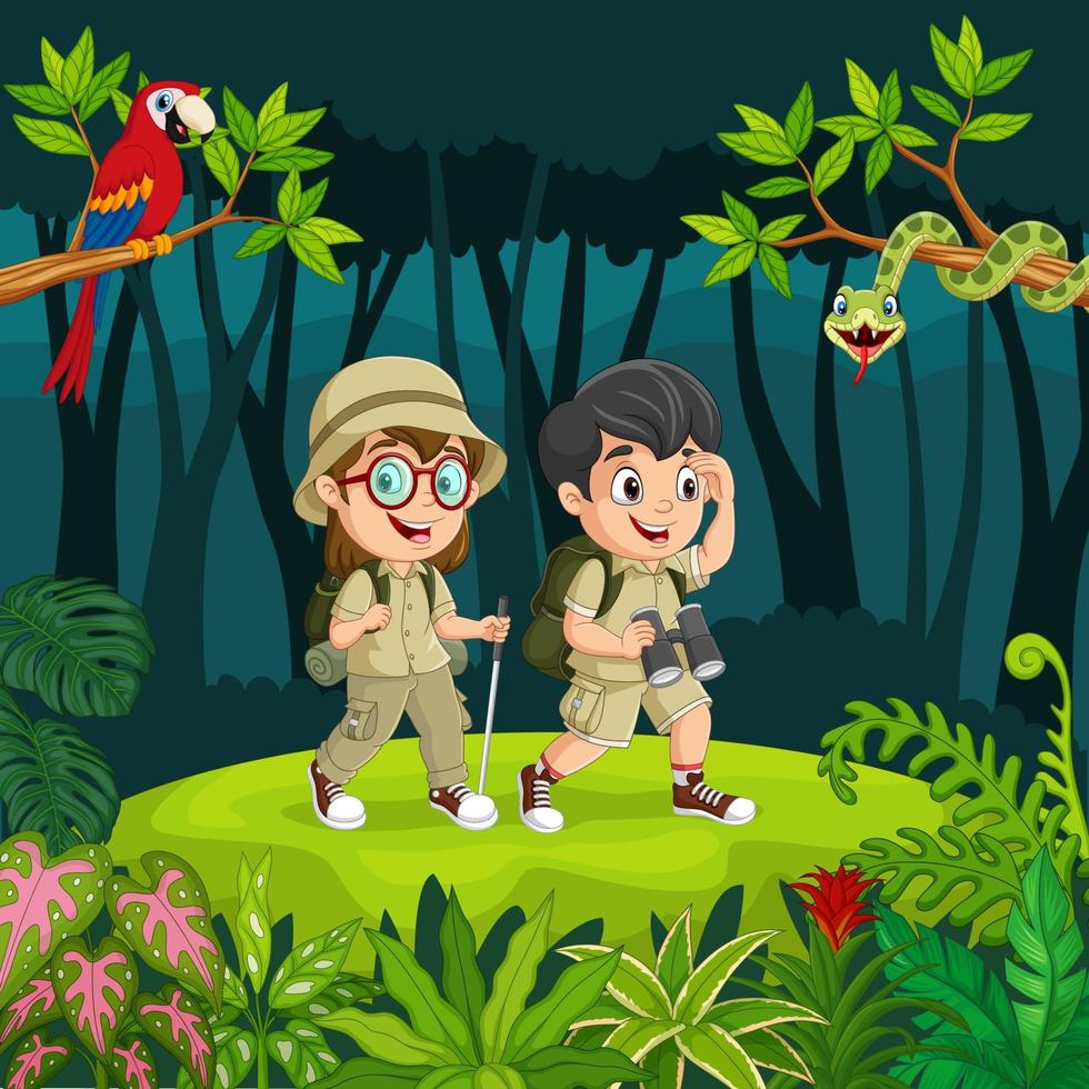 niños exploradores de dibujos animados con animales en la jungla vector