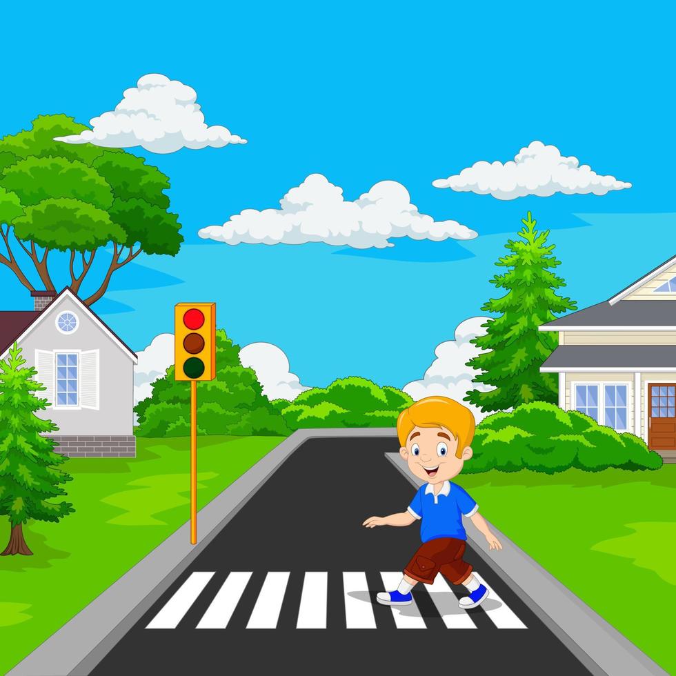 Cartoon boy walking across the crosswalk vector