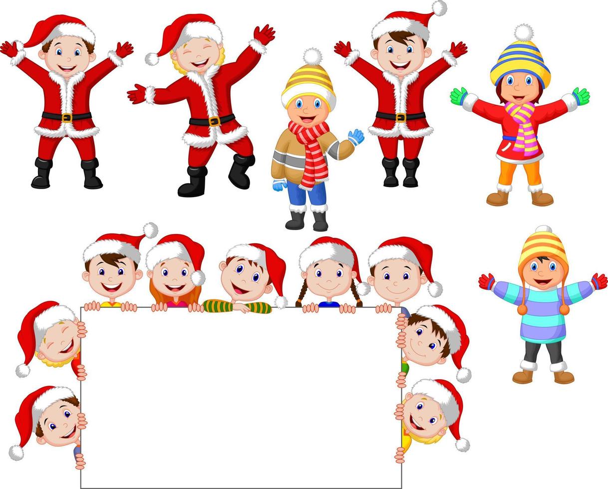Cartoon christmas children with blank sign vector