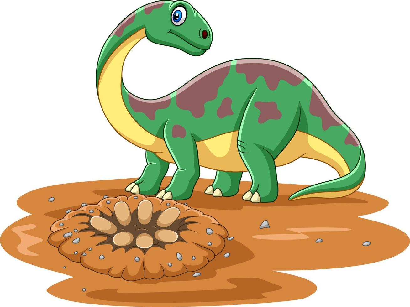 Cartoon brontosaurus dinosaur with eggs in the field vector