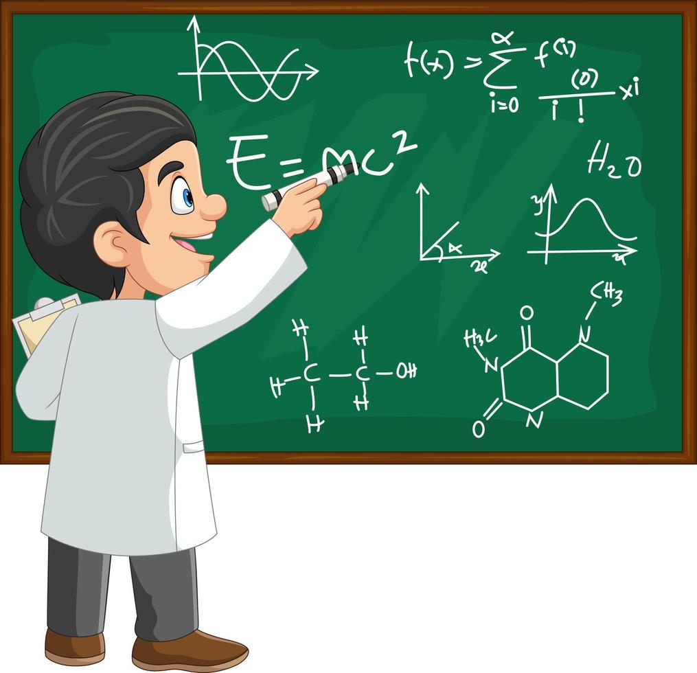 Chemistry teacher writing chemical reactions on blackboard vector