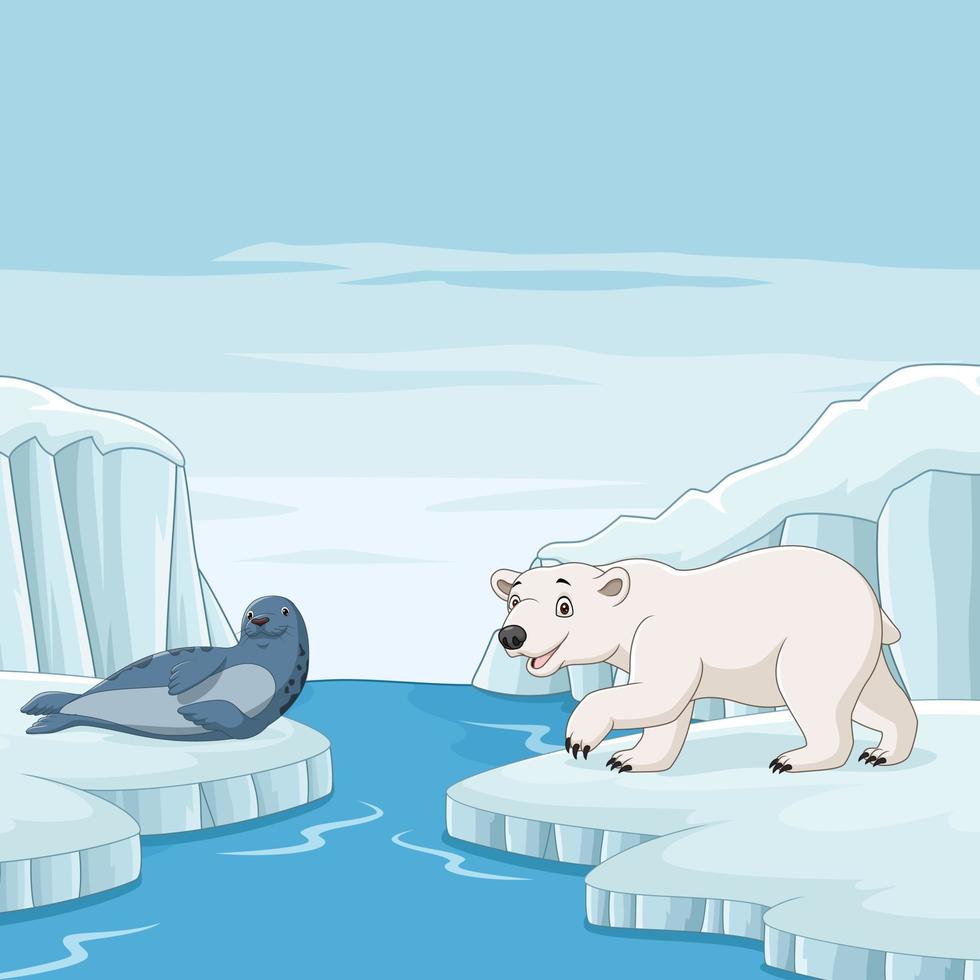 Cartoon seal with polar bear in arctic background vector