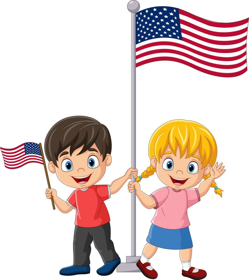 niños de dibujos animados con banderas de estados unidos vector