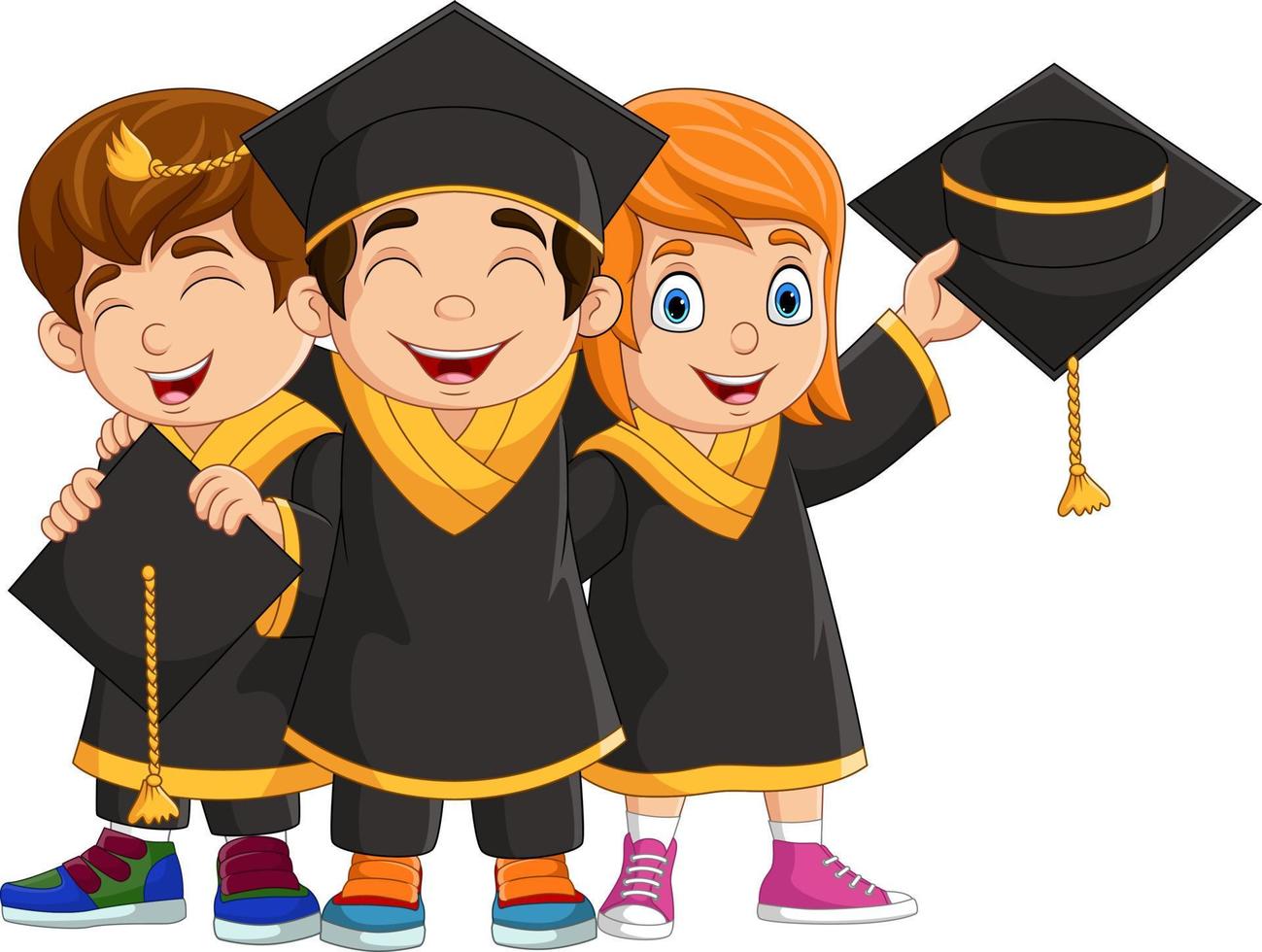 niños de graduación de dibujos animados en trajes negros vector