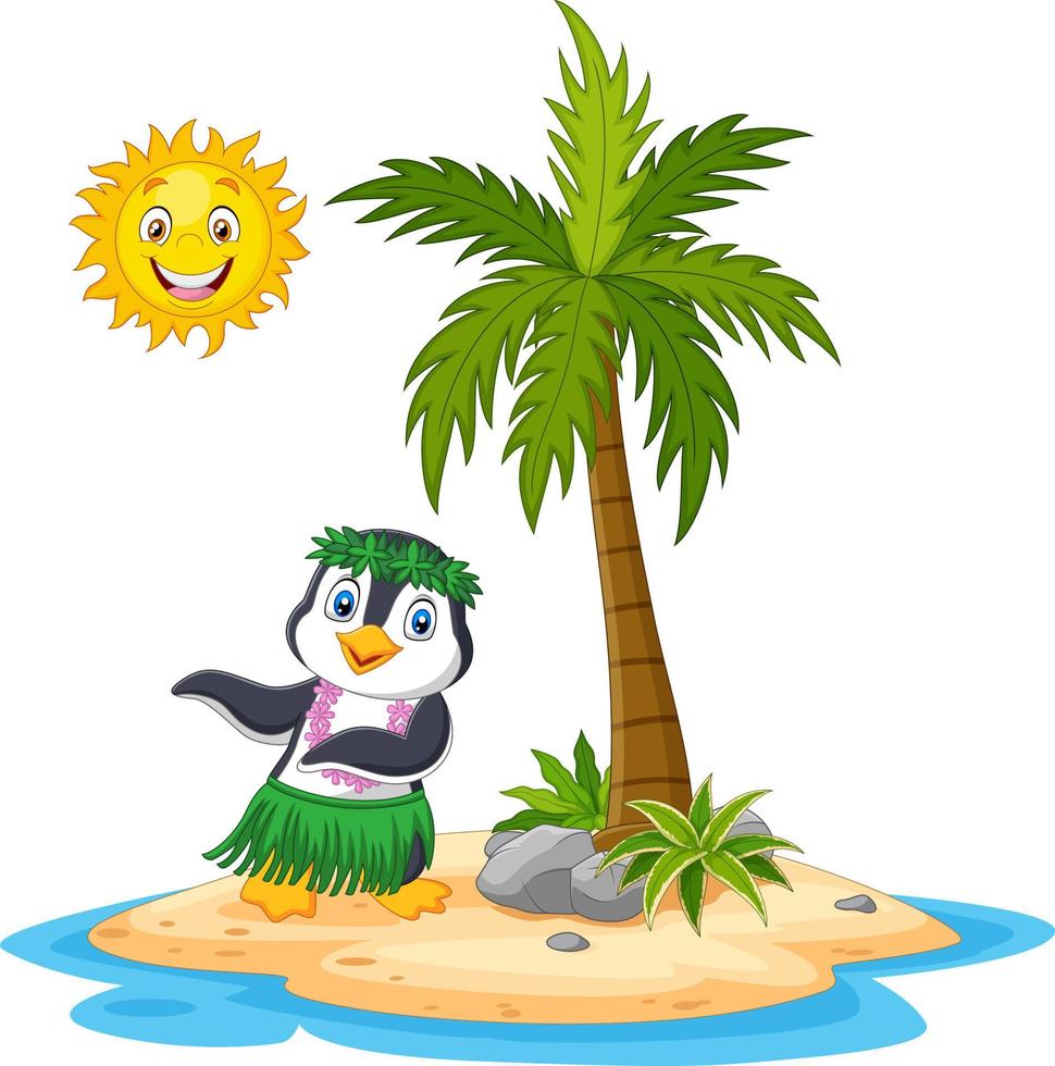 Cartoon Hawaii hula penguin in the tropical island vector