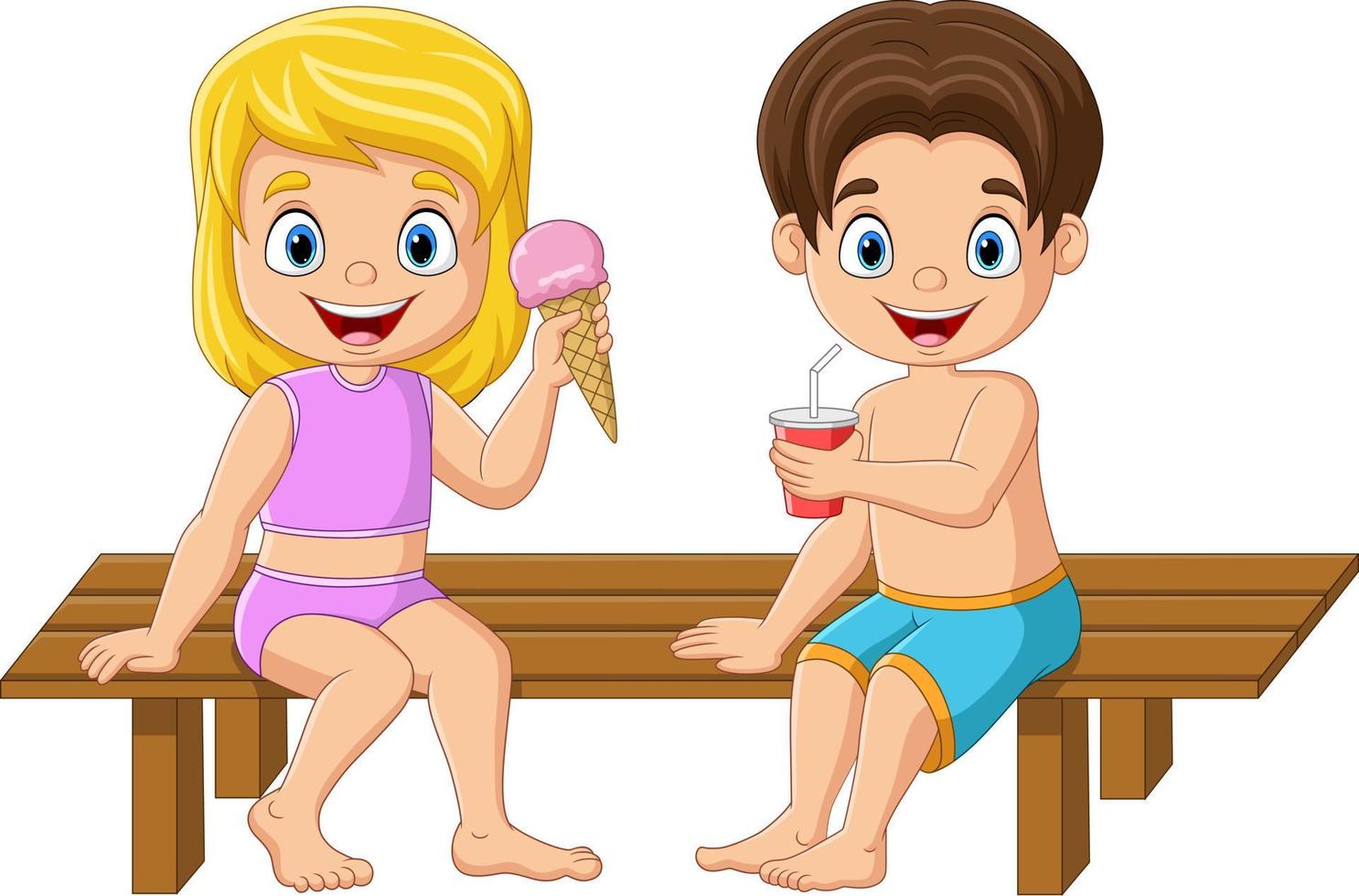 niña y niño comiendo helado y refresco vector