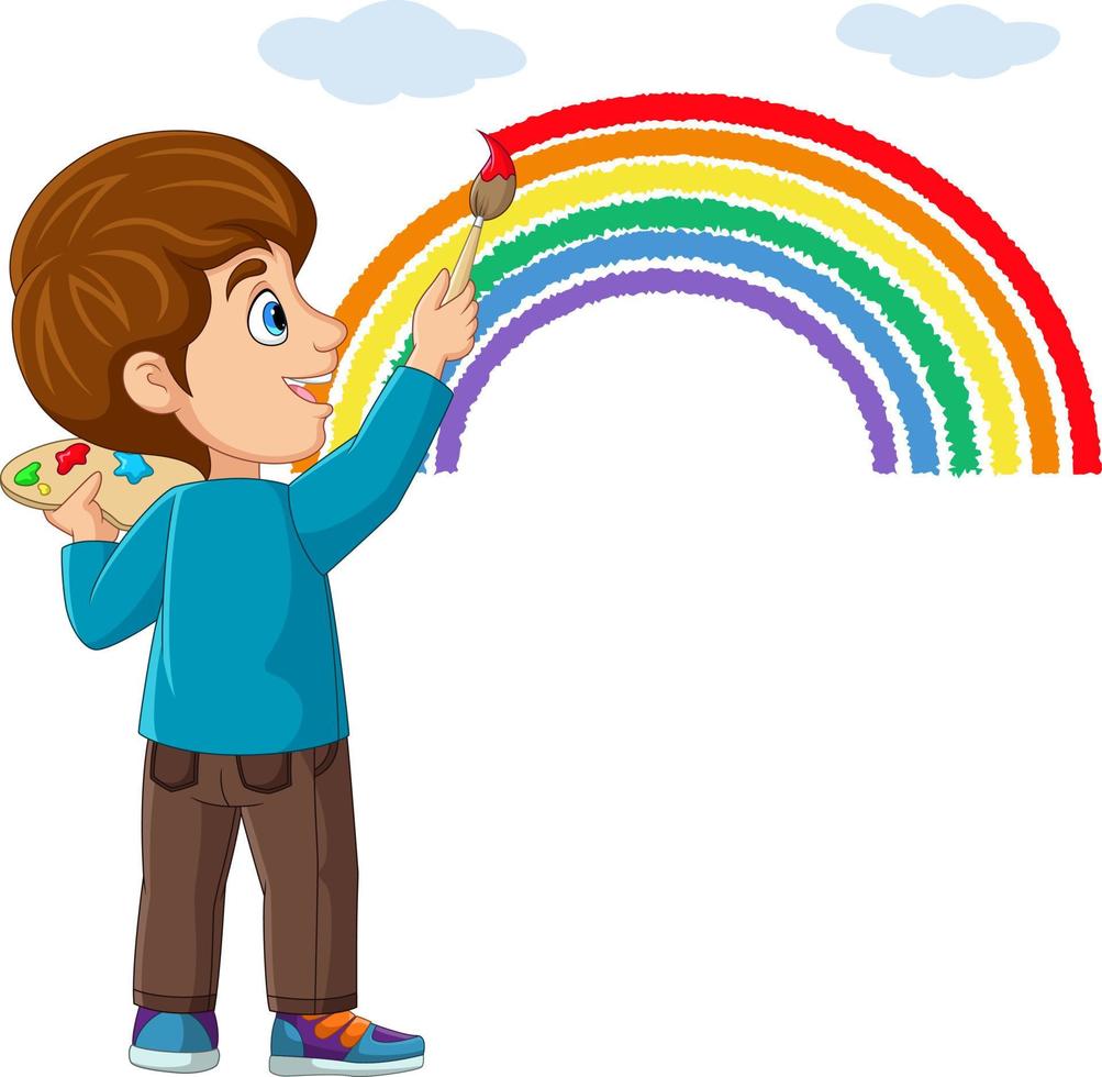 Cute little boy painting and drawing rainbow on the wall vector