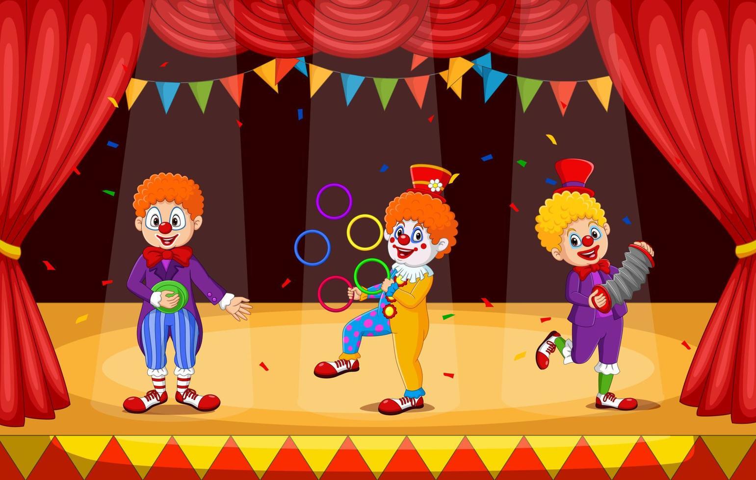 Group of clowns cartoon performing on stage vector