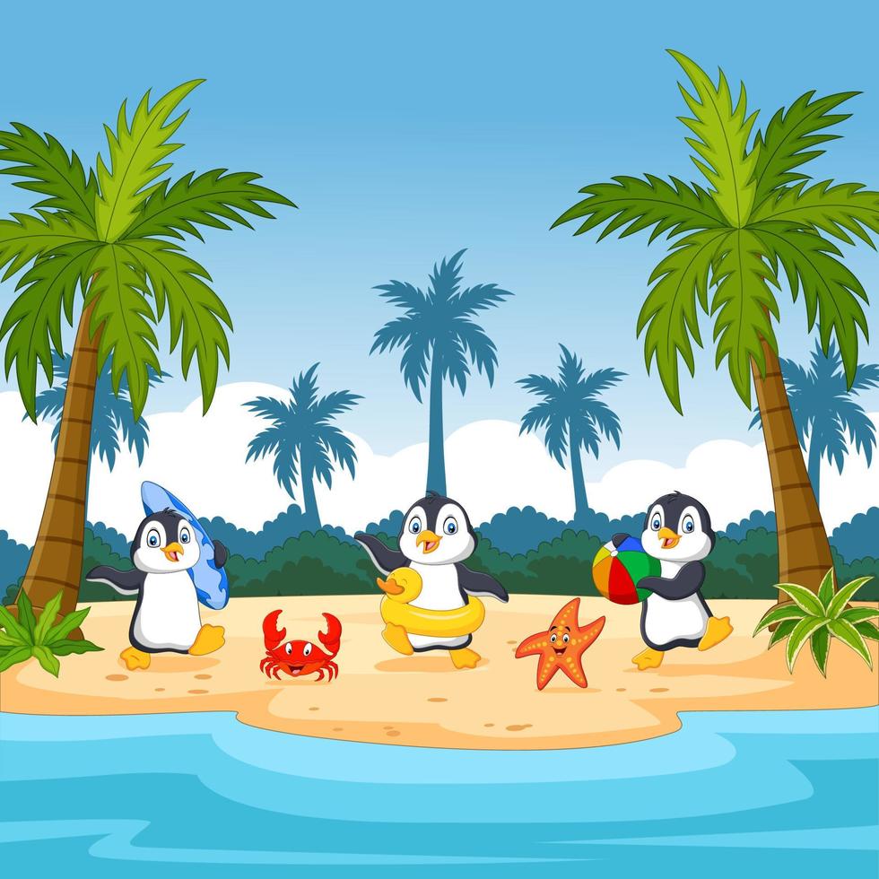 Three cartoon penguins on a tropical island vector