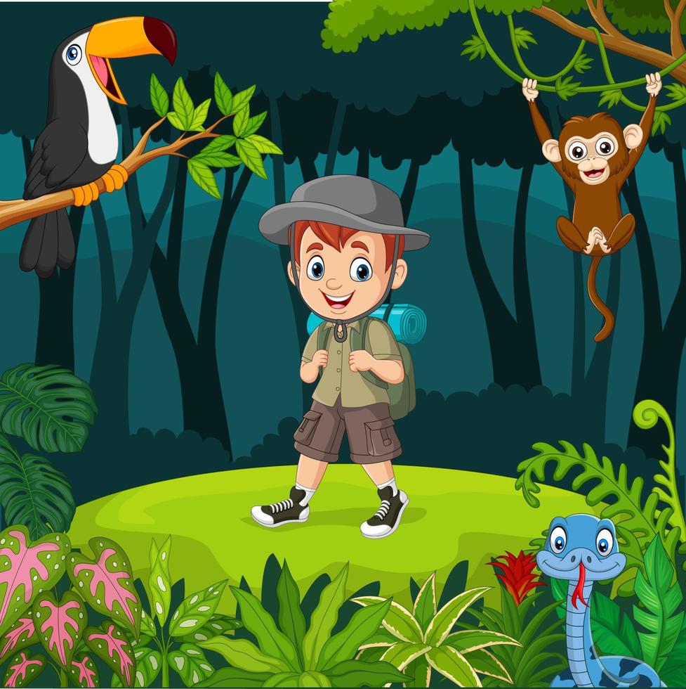 niño explorador de dibujos animados con animales en la jungla vector